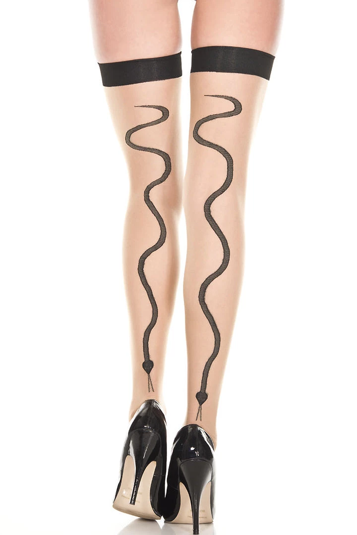Music Legs Beige & Black Snake Print Backseam Thigh Highs Hosiery 3 Music Legs Beige & Black Snake Print Backseam Thigh Highs Hosiery