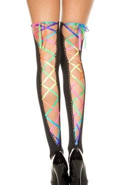 Music Legs Rainbow Ribbon Lacing And Black Opaque Thigh Hi Stockings