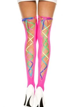 Music Legs Rainbow Ribbon Lacing And Pink Opaque Thigh Hi Stockings Glow In The Dark & Neon