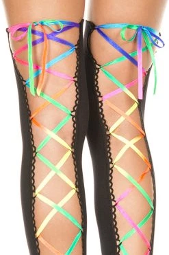 Music Legs Rainbow Ribbon Lacing And Black Opaque Thigh Hi Stockings