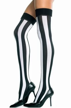 Music Legs Black & White Opaque Vertical Striped Thigh Highs