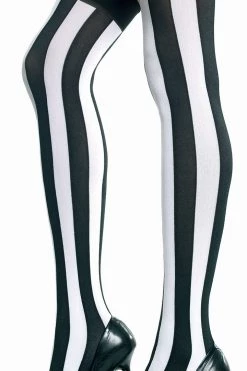 Music Legs Black & White Opaque Vertical Striped Thigh Highs