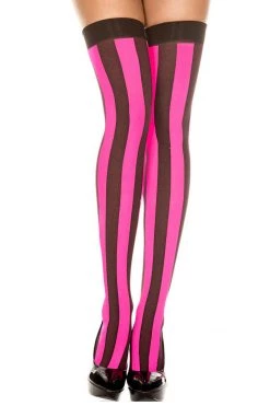 Music Legs Hot Pink And Black Striped Opaque Thigh Hi Stockings Glow In The Dark & Neon