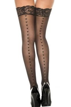 Music Legs Hosiery Sheer Black Thigh High Stockings With Heart Back Seam