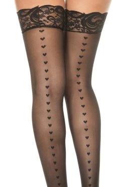 Music Legs Hosiery Sheer Black Thigh High Stockings With Heart Back Seam