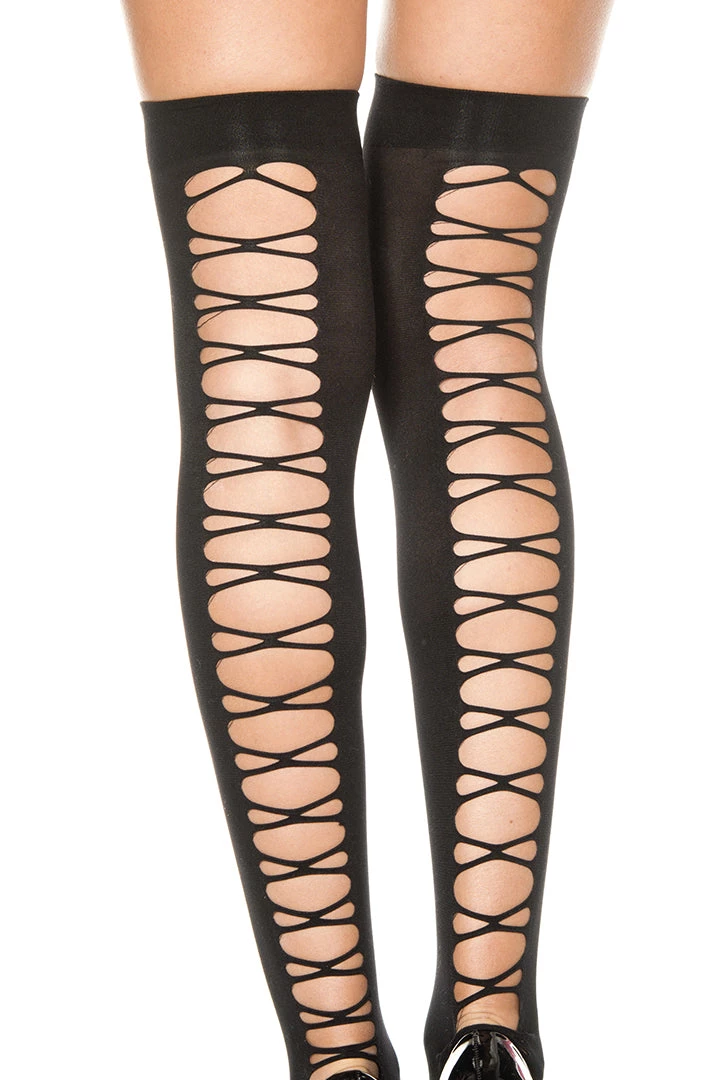 Music Legs Hosiery Criss Cross Net Back Spandex Thigh Highs 4 Music Legs Hosiery Criss Cross Net Back Spandex Thigh Highs