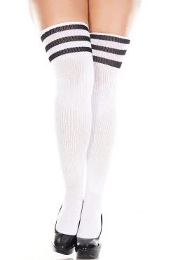 Music Legs Best Sellers White Football Style Thigh High Sock Stockings With Black Stripes
