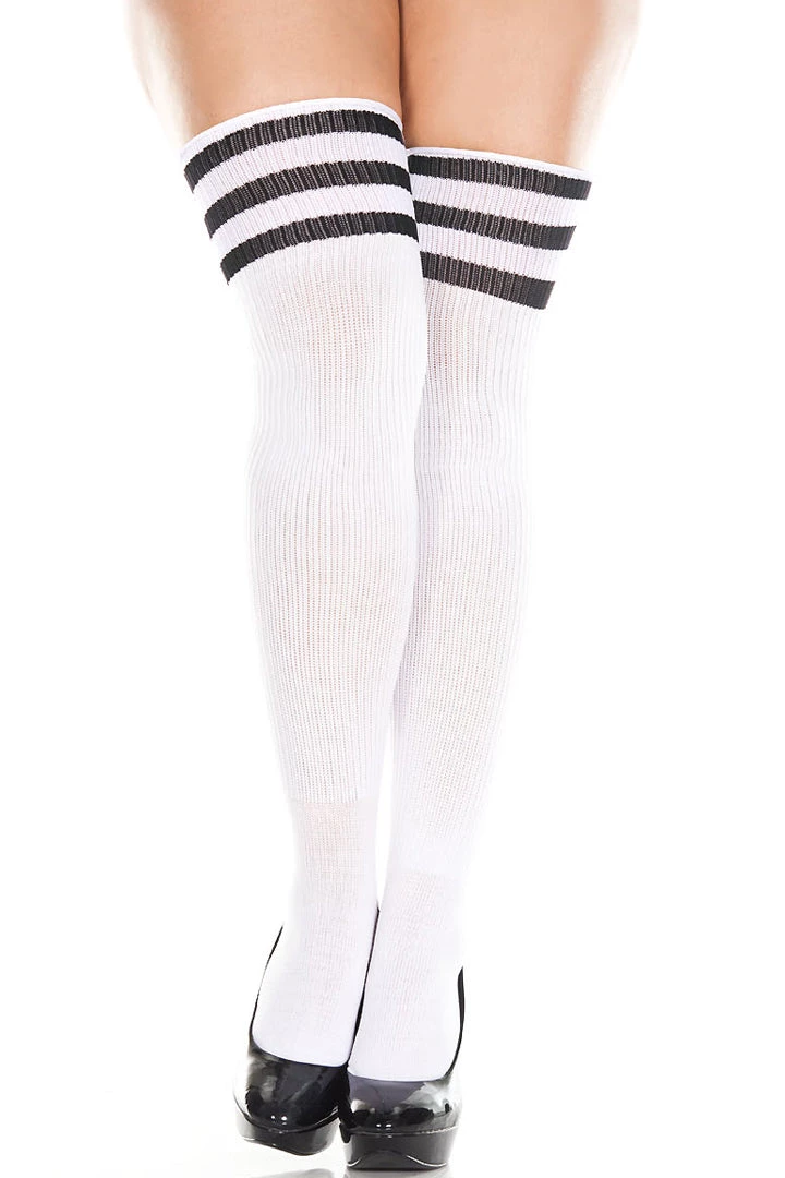 Music Legs Best Sellers White Football Style Thigh High Sock Stockings With Black Stripes 4 Music Legs Best Sellers White Football Style Thigh High Sock Stockings With Black Stripes