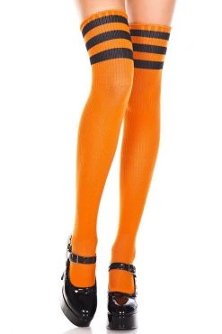 Music Legs Orange Football Style Thigh High Stockings With Black Stripes