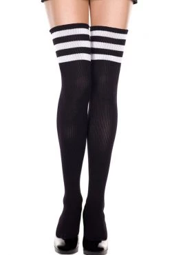 Music Legs Black Football Style Thigh High Sock Stockings With White Stripes Best Sellers
