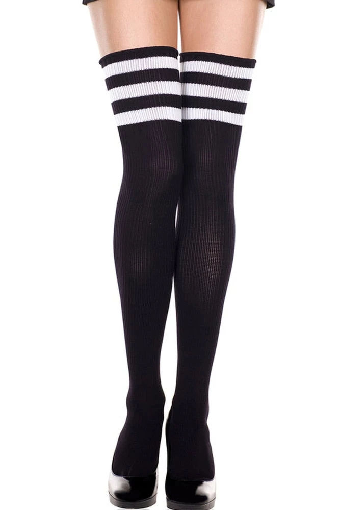 Music Legs Black Football Style Thigh High Sock Stockings With White Stripes Best Sellers 3 Music Legs Black Football Style Thigh High Sock Stockings With White Stripes Best Sellers