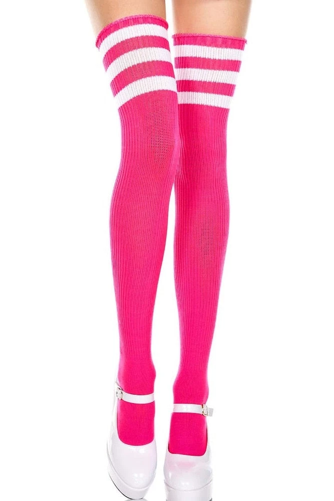 Music Legs Striped Thigh High Socks - Fuchsia/White Hosiery 3 Music Legs Striped Thigh High Socks - Fuchsia/White Hosiery