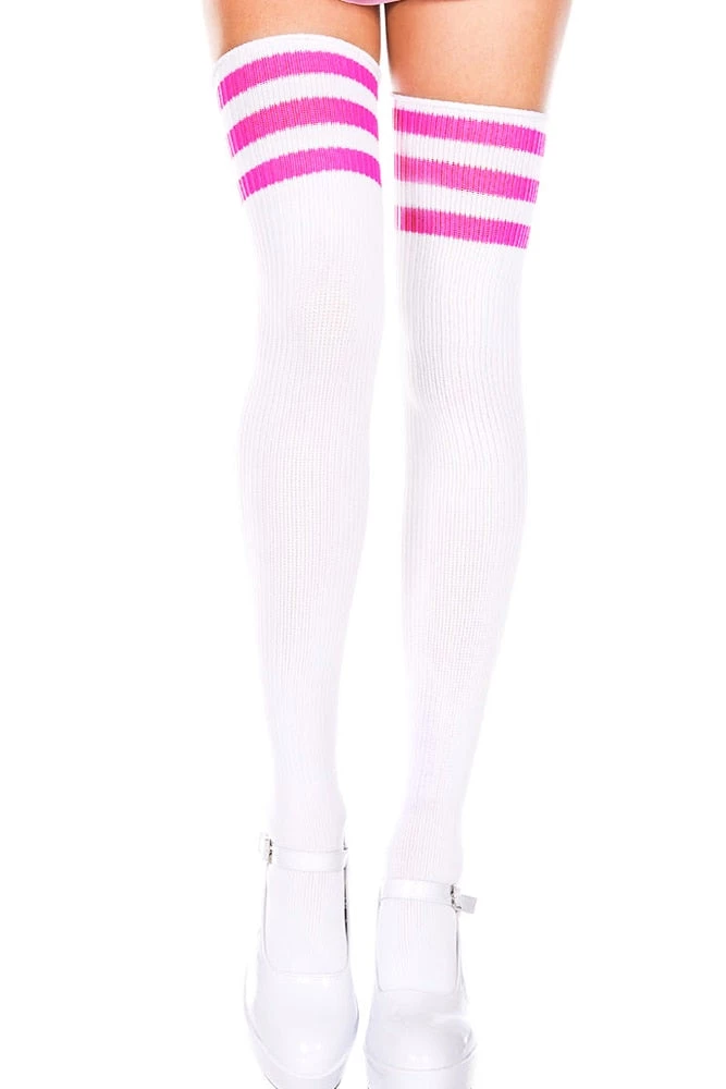 Music Legs Best Sellers White Football Style Thigh High Sock Stockings With Hot Pink Stripes