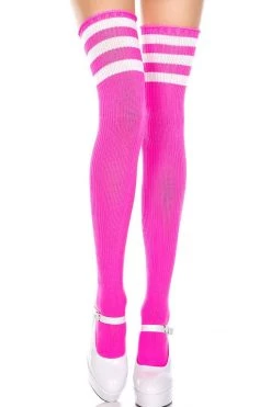 Music Legs Striped Thigh High Socks -Hot Pink/White