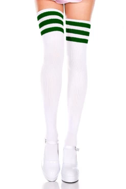 Music Legs White Football Style Thigh High Sock Stockings With Hunter Green Stripes