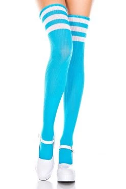 Music Legs Glow In The Dark & Neon Striped Thigh High Socks - Neon Blue/White