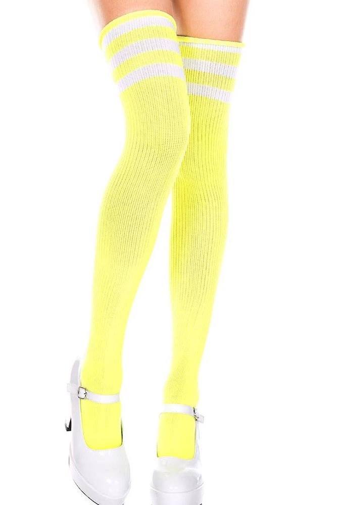 Music Legs Striped Thigh High Socks - Neon Yellow/White Glow In The Dark & Neon