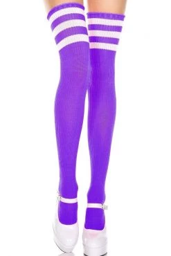 Music Legs Striped Thigh High Socks - Purple/White