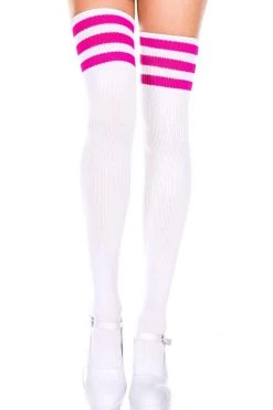 Music Legs Hosiery Striped Thigh High Socks - White/Fuchsia