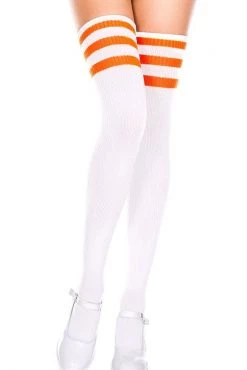 Music Legs Striped Thigh High Socks - White/Neon Orange