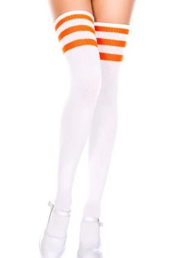 Music Legs Striped Thigh High Socks - White/Neon Orange