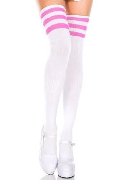 Music Legs Glow In The Dark & Neon Striped Thigh High Socks - White/Neon Pink