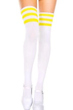 Music Legs Glow In The Dark & Neon Striped Thigh High Socks - White/Neon Yellow