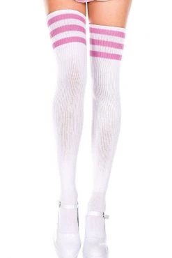 Music Legs Striped Thigh High Socks - White/Pink