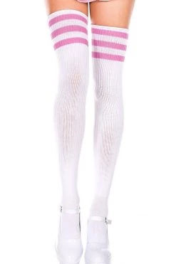 Music Legs Striped Thigh High Socks - White/Pink