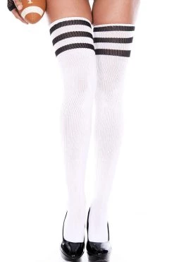 Music Legs Best Sellers White Football Style Thigh High Sock Stockings With Black Stripes