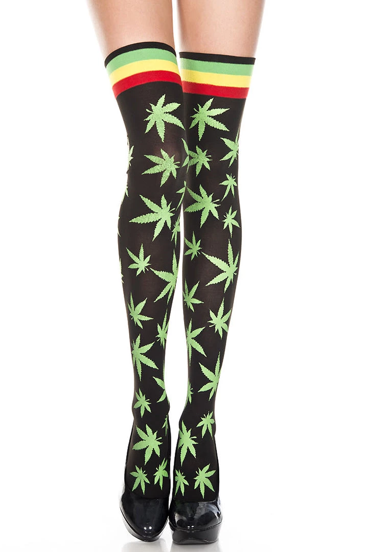 Music Legs Kaya Leaf Print Thigh High Stockings 3 Music Legs Kaya Leaf Print Thigh High Stockings