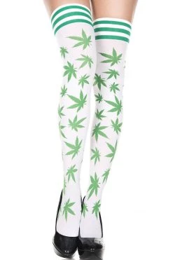 Music Legs Hosiery White Kaya Leaf Print Thigh High Stockings