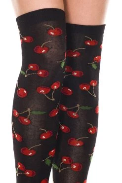Music Legs Cherry Print Black Thigh High Hosiery