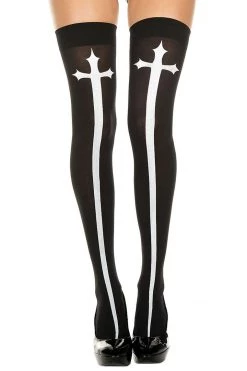 Music Legs Hosiery Gothic Cross Print Thigh Highs - Black/White