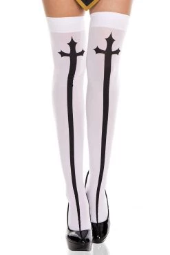 Music Legs Gothic Cross Print Thigh Highs - White/Black