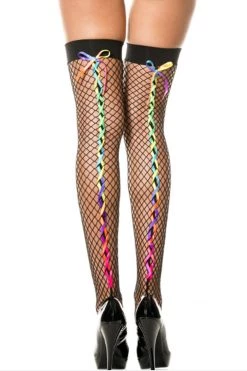Music Legs Black Fishnet Stockings W/ Rainbow Laces