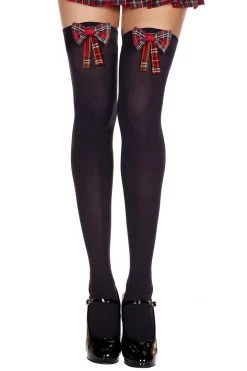 Music Legs School Girl Outfits Black Thigh Highs W/ Red Plaid Bows