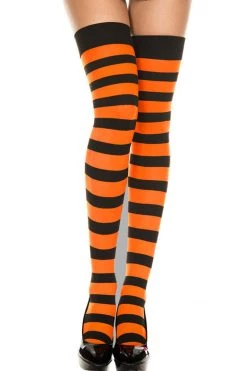 Music Legs Neon Orange And Black Striped Thigh High Leggings Hosiery