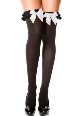 Music Legs Black Thigh High Stockings With White Bows Hosiery
