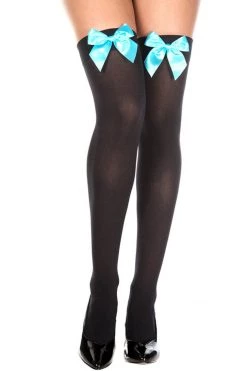 Music Legs Hosiery Sheer Black Thigh High Stockings With Turquoise Bows