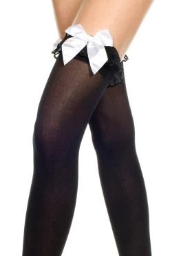 Music Legs Hosiery Black Thigh High Stockings With White Satin Bows