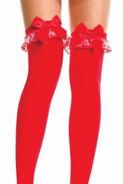Music Legs Red Thigh High Stockings With Red Satin Bows Hosiery