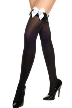 Music Legs Hosiery Black Thigh High Stockings With White Satin Bows