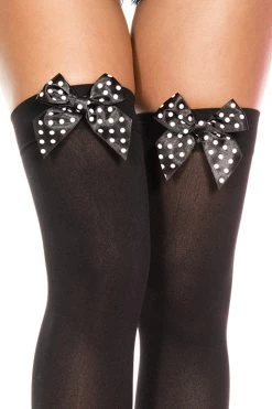 Music Legs Black/White Polka Dot Bow Opaque Thigh Highs Hosiery