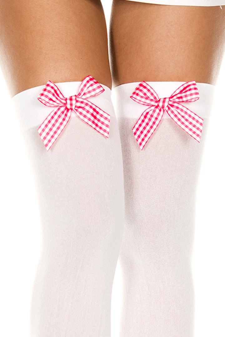 Music Legs Pink Checker Bow Opaque Thigh High 4 Music Legs Pink Checker Bow Opaque Thigh High
