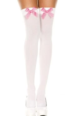 Music Legs Pink Checker Bow Opaque Thigh High