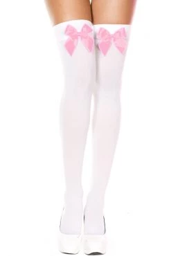Music Legs Hosiery White Thigh High Stockings With Baby Pink Bows