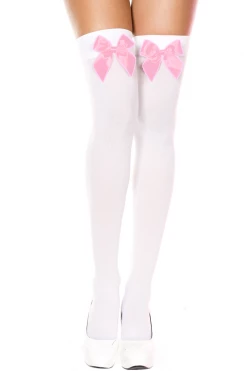 Music Legs Hosiery White Thigh High Stockings With Baby Pink Bows