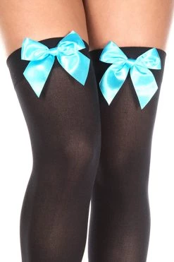 Music Legs Hosiery Sheer Black Thigh High Stockings With Turquoise Bows