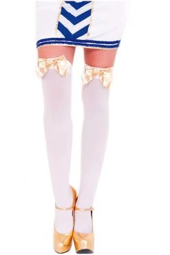 Music Legs Sheer White Thigh High Stockings With Gold Bows Hosiery
